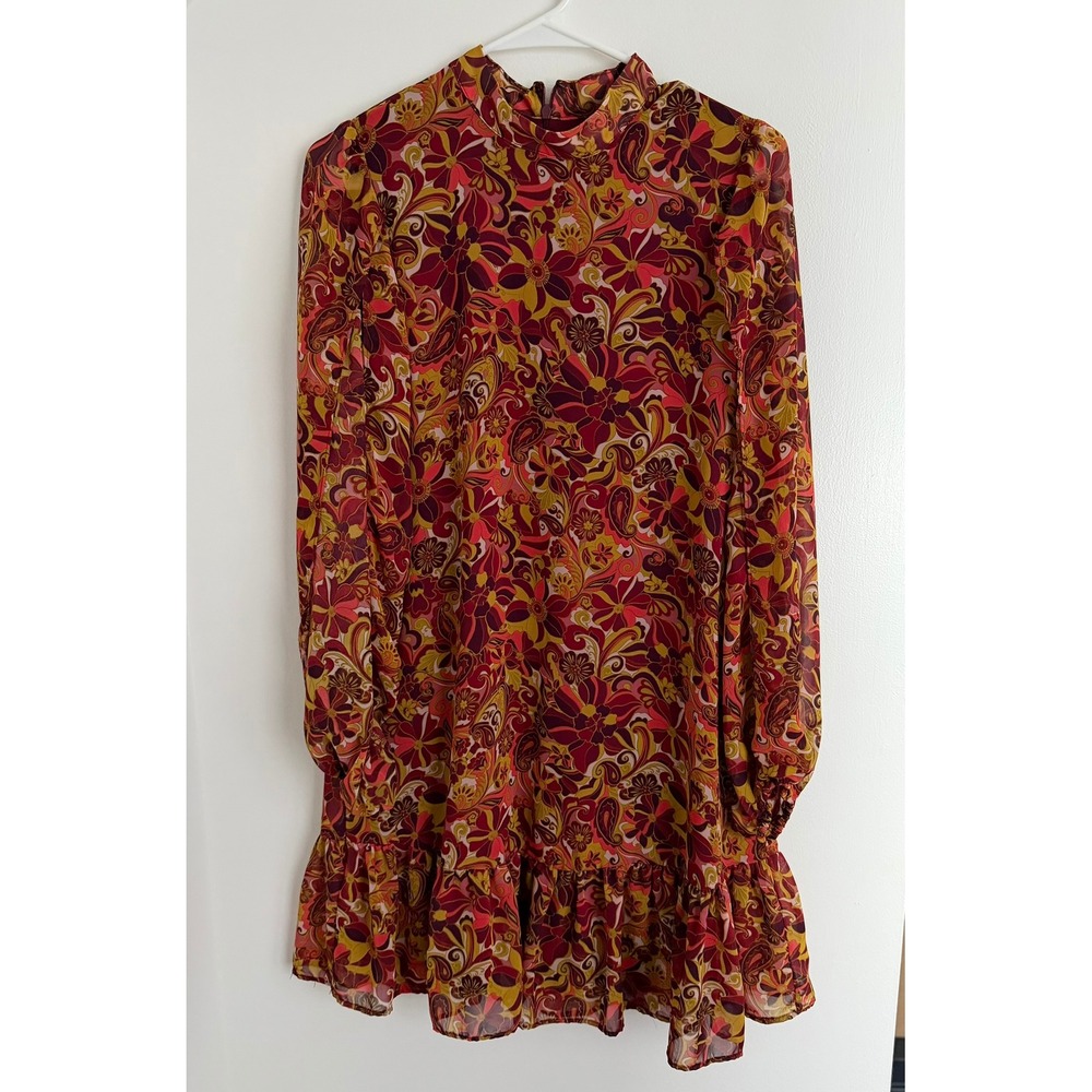Laundry Boho Hippie Floral Paisley Ruffle Hem Shift Dress Burgundy Orange 4